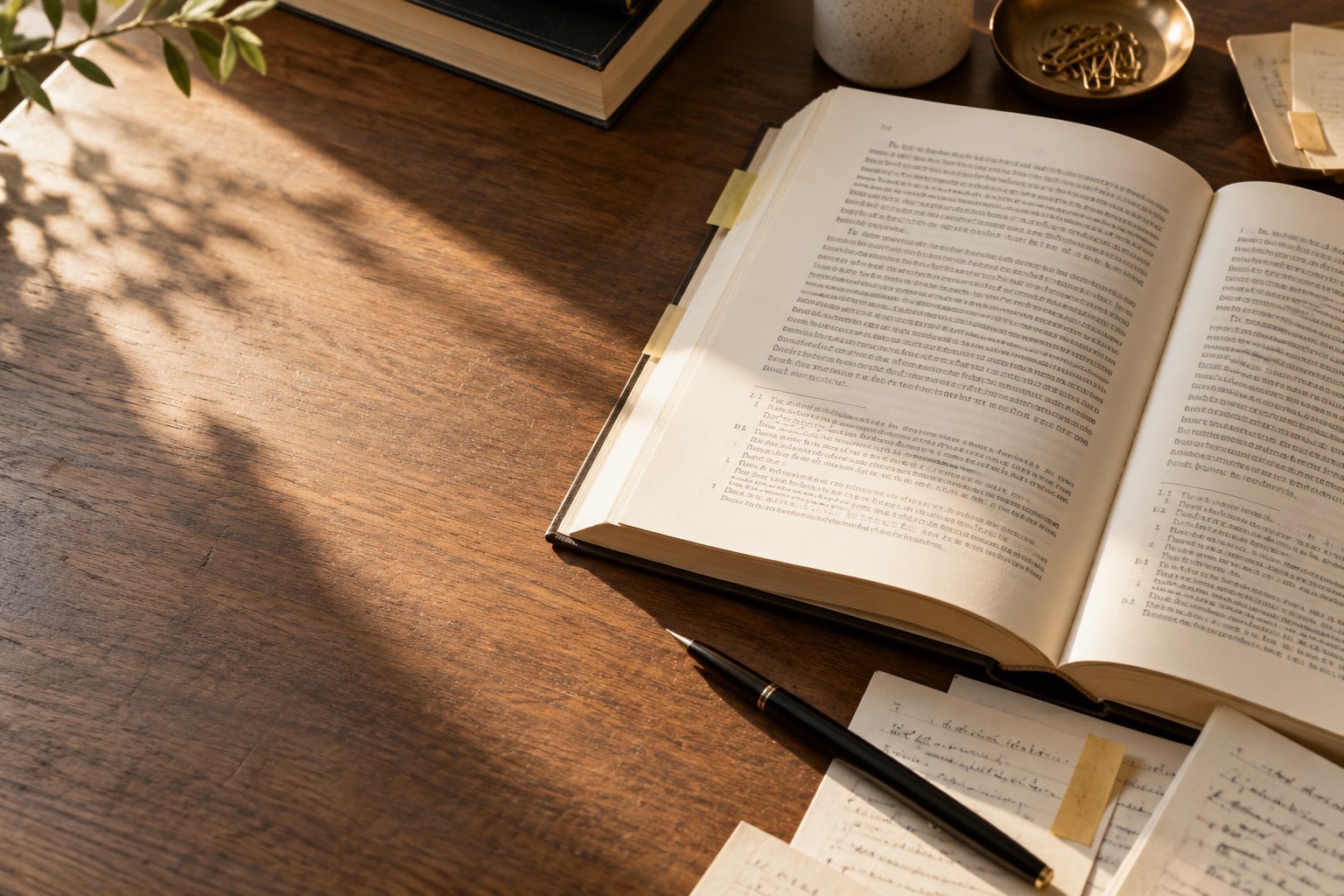 Aufgeschlagenes Fachbuch und Notizen auf einem Schreibtisch